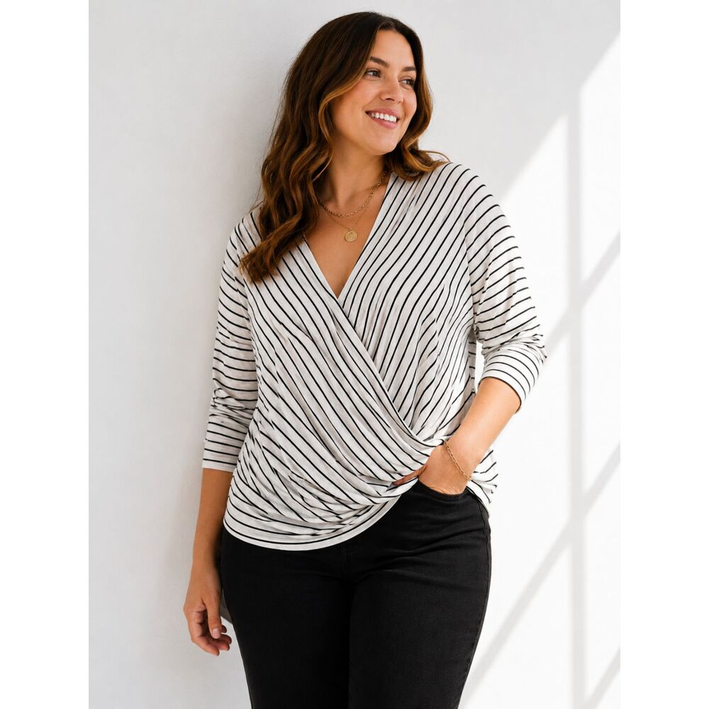 Ava & Viv Black White Striped Wrap Blouse Women's Plus Size 1X
